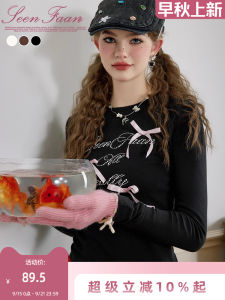 SEENFAAN Spring New Long Sleeve Slim Fit Pure Desire Printed Base Shirt Womens Sweet American Style Design T-shirt Streetwear Casual Cotton Blend