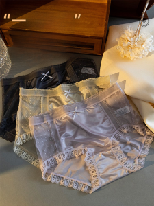 Luxurious Satin Womens Briefs Mid-Waist Lace Trim Mesh Triangle Shorts Thin Design Breathable Summer Underwear Feminine Touch