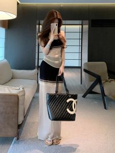 Stylish Korean Design Striped Color Block Slimming Halter Top with Midi Skirt Set