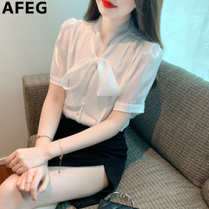 AFEG solid color Korean version V-neck bow fashion loose temperament chiffon short-sleeved blouse for women