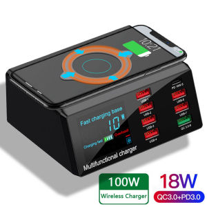 100W 8 Ports USB Charger Station Quick Charging 3.0 Adapter HUB Wireless Charger USB Wall Charger PD Fast Charge For Mobile Phones