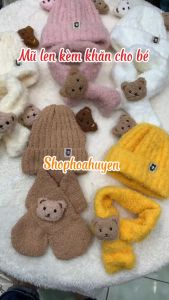 Loại đẹp Mũ len kèm khăn cổ cho bé trai bé gái  họa tiết 2 tai gấu 3D siêu cưng cho bé lông mềm mịn - Nón len kèm khăn cho bé 6 tháng đến 4 tuổi