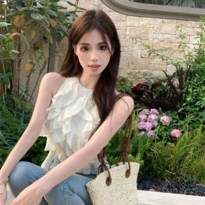 GUZILIAN | French Style White Ruffle Sleeveless Vest Summer Small Size Short Irregular Design Hanging Neck Chiffon Top Korean Commute Style