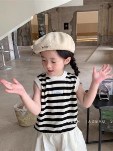 Phong Cách Hàn Quốc Bé Gái Cộc Tay Không Tay Cổ Tròn Sọc  Áo Hai Dây Áo Khoác Ngoài Mỏng Mùa Hè Em Bé Quần Áo Cotton Vải Bông Thoáng Khí Thời Trang Trẻ Em