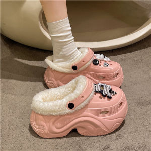 Furry Slip-On High Heeled 10cm Clog Shoes Womens Outdoor Autumn Winter Thick Bottom Heightening Warm Anti-Slip Toe Cover Cotton Slippers
