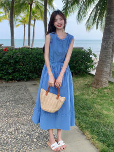 Blue Summer New Style Beach Vacation Dress Womens Vest Skirt Soft Style Age Reduction Casual Long Dress round Neckline