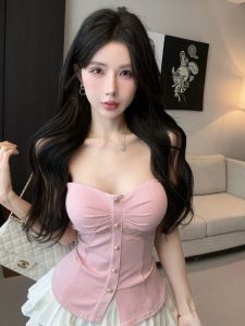 GUZILIAN | Korean Style Lace Splice Design Slimming Split Crop Top Womens Wrap Chest Tank Top Spring Summer New Arrival Pure Desire