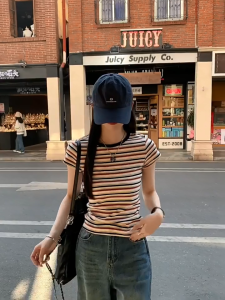 Korean Style Striped Fitted T-Shirt for Women Short Sleeve Casual Breathable Summer Top