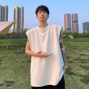 Áo Vest Không Tay Bằng Da Lộn Nam Mùa Hè 2024 Phong Cách Mỹ Cổ Điển Dày Màu Trơn Rộng Rãi Tay Áo Thun Áo Nỉ Thường Ngày