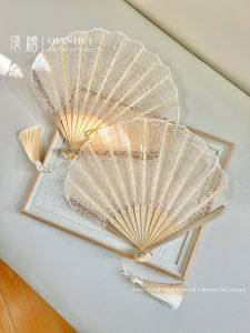 Original Champagne Embroider Lace Small Fan Rose Shell Fan Lady Elegance Han Dynasty Cheongsam Fan Wedding Banquet Fan