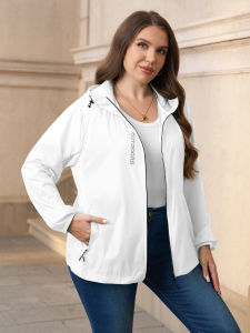 Plus Size Womens Hooded Sun Protection Packable Jacket Zipper Pockets Drawstring Hood Outdoor Sports Cycling Lightweight Tops