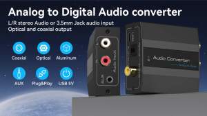 Analog to Digital Audio Converter RCA R/L to Optical with Optical Cable 3.5mmAUX Jack to Digital Toslink and Coaxial Audio Adapter for Soundbar