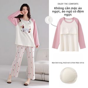 MiiOW | Bộ đồ ngủ cotton nguyên chất MiiOW dành cho nữ mùa thu đông dài tay quần dài có đệm ngực mặc ở nhà thoải mái thoáng khí
