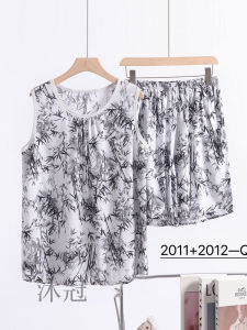 Womens Cotton Lycra Sleepwear Set Large Size Casual Home Use Summer Crewneck Sleeveless Printed Floral Pattern