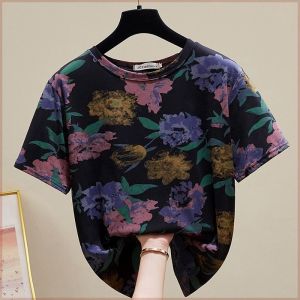 Loose Womens T-shirt Summer New Flower Print Short Sleeve round Neck Health Ring Versatile Large Size Female Apparel