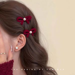 Red Pearl Butterfly Knot Hair Clip Womens New Year Side Bangs Hair Clamp Hair Accessories Original Design Fresh Outburst