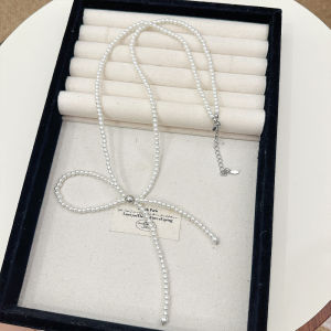 Elegant Long Pearl Necklace for Women French Vintage Butterfly Knot Choker Versatile Sweater Chain Accessory Light Luxury