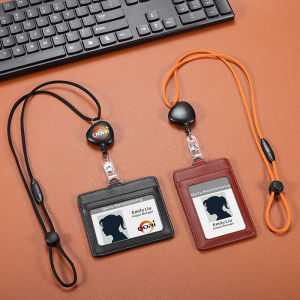 Badge for Work Genuine Leather Pendant for Identification Card with Retractable Lanyard Neck Card Holder Business Tag Holder Tag