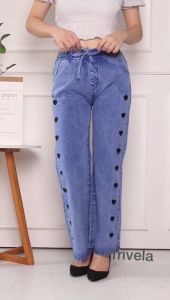 TRIVELA - Celana Kulot Jeans Tebal Love Bordir Wanita Pinggang Full Karet Tebal