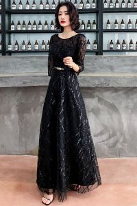 ชุดราตรีสีดำหรูหรา ทรงเข้ารูป แขนยาว กระโปรงยาวคลุมเข่า สำหรับผู้หญิง ชุดราตรีสุดสง่างาม ชุดราตรีสุดสง่างาม