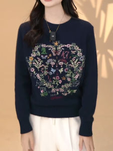 QINGNAER | Autumn Winter Floral Butterfly Letter Embroidery Crewneck Long Sleeve Knit Top