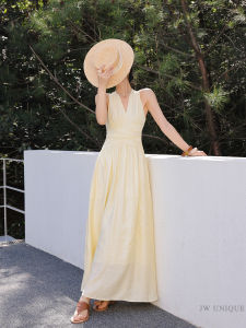 JWUNIQUE French Wine Pocket Design Sleeveless Neck Hanging Dress Womens Summer New High Waist A-Line Long Dress