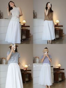 Ladies High Waist A-Line Skirt White Cotton Blend Wide Elastic Waist Pleated Half Umbrella Skirt Korean Style Spring Fashion