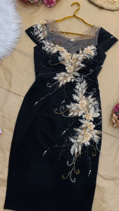 Mydu shop | MS 2471 – Đầm trung niên thun Umi thêu hoa phong cách dự tiệc