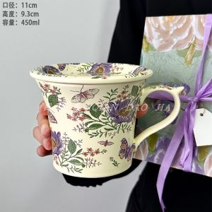 Retro Design Large Capacity Ceramic Mug with Lid Dandelion Flower Office Water Cup Unique Gift White Color Money Tree Brand