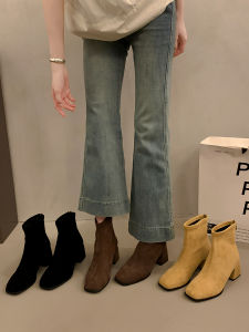 Burgundy Martin Boots Womens High Heel Elastic Slim French Thick Heel Short Boots Spring Autumn New Style Waterproof Platform