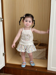 Korean Style Girls Summer Outfit Cartoon Print Camisole Top And Plaid Skort Two Piece Set Breathable Lightweight Cotton Polyester Blend