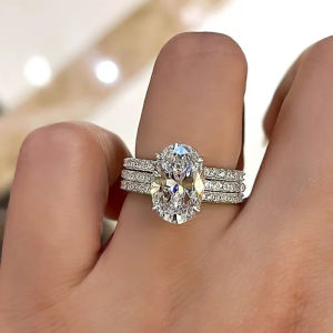 Huitan Bộ 3 Hình Bầu Dục Đính Đá Cubic Zirconia Cho Nữ Nhẫn Nữ Màu Bạc Cưới Cô Dâu Kỷ Niệm Trang Sức Dự Tiệc Hợp Thời Trang Phổ Thiết Lập