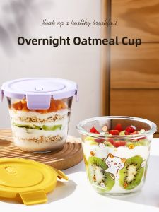 Glass Breakfast Cup with Lid Sealed Microwaveable Overnight Oats Bowl Soup Yogurt Cup Dessert Portable Heating Bowl Style