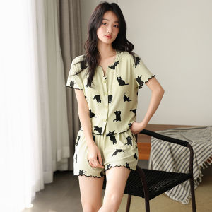 MiiOW | Cat Woman Summer Ice Silk Sleepwear Set Short Sleeve Home Clothes With Chest Pad Sweet Style Can Be Worn Outside Polyester Blend