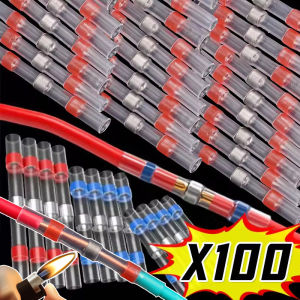 ขั้วต่อบัดกรีตัวเชื่อมแบบบัดกรีกันน้ำ100ชิ้นขั้วต่อลวดด้ามเทอร์มินัลไฟฟ้าหลอดปิดผนึกปลอกหดความร้อน