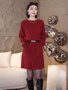 Red Knitted Sweater Dress Womens Long Sleeve Base Layer Skirt Spring 2025 Korean Style Commute Fashion Elegant Midi Dress