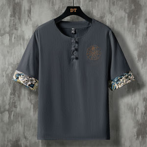 เสื้อยืดผู้ชายสไตล์จีน ผ้าลินิน ผ้าฝ้าย แขนสั้นปัก ชุดฮั่นฝู ฤดูร้อน ระบายอากาศได้ดี คอวี แฟชั่น ลำลอง Tee