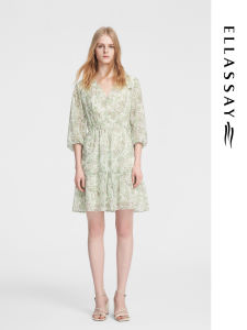 ELLASSAY Floral Print French-style Tea Break Dress Maternity Summer New Arrival Female V-neck Sleeve Short Wrinkled Slimming Dress