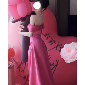 ชุดแต่งงานฤดูร้อนสีชมพูม่วง ชุดราตรีผู้หญิง ชุดแต่งงาน ชุดกินข้าวกลางคืน ชุดเกาะอก ชุดยาวคลุมไหล่ ชุดเดรสยาวคลุมเข่า ชุดแต่งงานฤดูร้อน