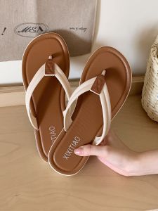 Fashionable Korean Style Flat Bottom Thong Slippers for Women Summer Outdoor Wear All Match Beach Shoes Thin Stripes