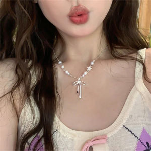 Vintage Sliver Color Bowknot Pendant Necklace for Woman Gothic Hip Hop Star Pearl Neck Chain Necklace Y2K Aesthetic Jewelry