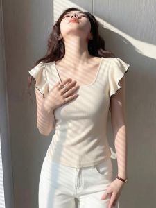 AIYITI | Flattering Slim Fit Summer T Shirt Small Flying Sleeves Ice Silk Square Neck Knit Top