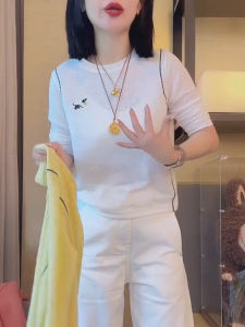 White Embroidered Snowflake Cotton Long Sleeve Womens T-shirt Inner Wear Base Shirt Slimming Trendy Top for Autumn