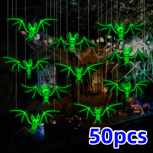10/20/50pcs Halloween Hanging Glow-in-the-Dark Bats - 3D Glowing Green Plastic Decorations for Haunted House Parties