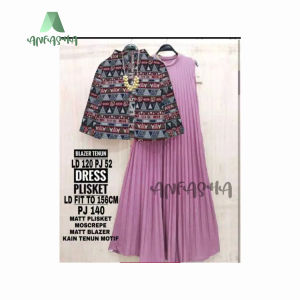 DRES PLISKET & BLAZER TENUN ADIBA: Satu Set Dres Plisket & Blazer Tenun Mode oleh Toko Anfasha