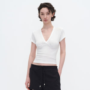 Empty Page Black/White Deep V-Neck Split Short Sleeve T-Shirt Elastic Slimming Versatile Base Layer Casual Style Modal Fabric