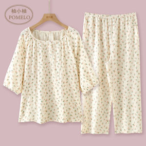 Spring and Summer Thin Pure Cotton Bubble Cotton Cloth Pullover Sweet Floral 3/4 Sleeve Cropped Pants Home Wear Pajamas Sets Women