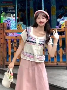 Summer Hollow Knit Top & Women's Button Print Square Neck Short Sleeve T-Shirt