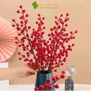 Cành Đào Đông Đỏ Cherry 6 Nhánh Dài 60cm Trang Trí Tết Decol Nhà Cửa Phòng Làm Việc Xương Rồng Nhỏ