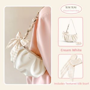 TOUTOU | Gift Wrinkled Cloud Tote Bag with Scarf Chain for Commute Crossbody Shoulder Women